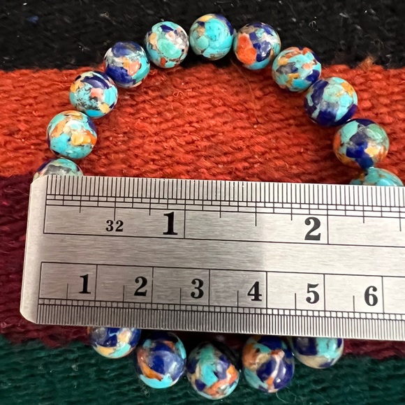 ❤️ Turquoise Spiny Oyster Lapis Composite Stretch Bracelet 12mm Sz 7 Adjustable - Picture 8 of 10